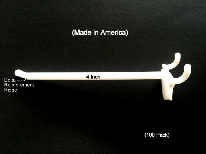 (100 PACK) 4 Inch White Plastic Peg Hooks For 1/8" to 1/4"  Pegboard USA Made