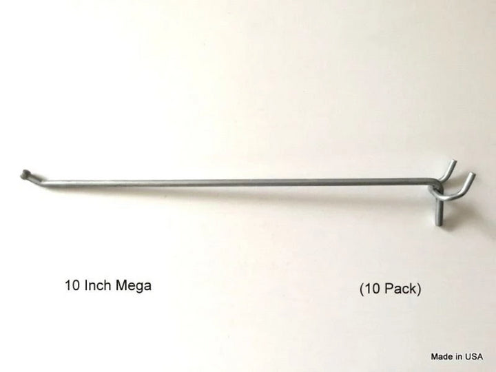 (10 PACK) USA Made 10 Inch Mega Peg Hooks For 1/8" to 1/4" Pegboard or Slatwall